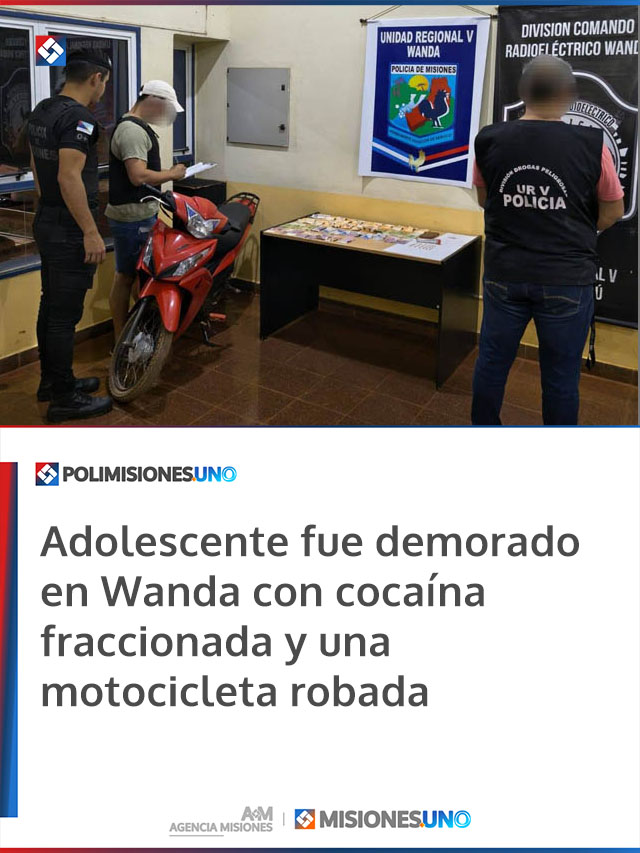 Adolescente fue demorado en Wanda con cocaína fraccionada y una motocicleta robada