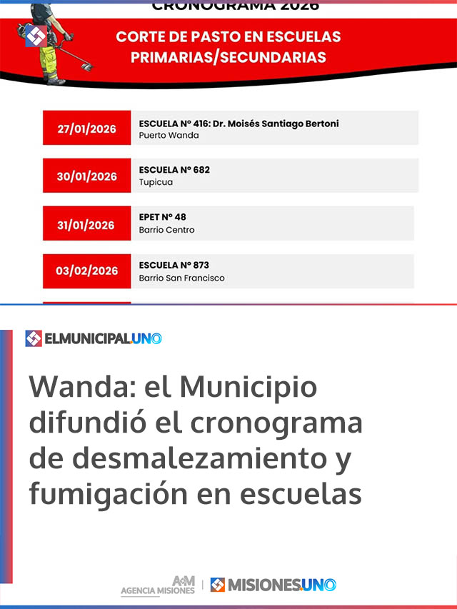 Wanda: el Municipio difundió el cronograma de desmalezamiento y fumigación en escuelas